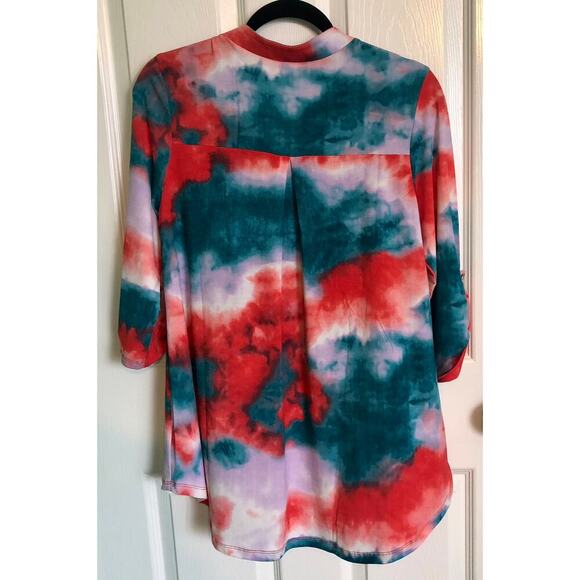 Honeyme Tie Die 3/4 Sleeve Red White Purple Teal Flowy Blouse Size Small - Picture 6 of 6